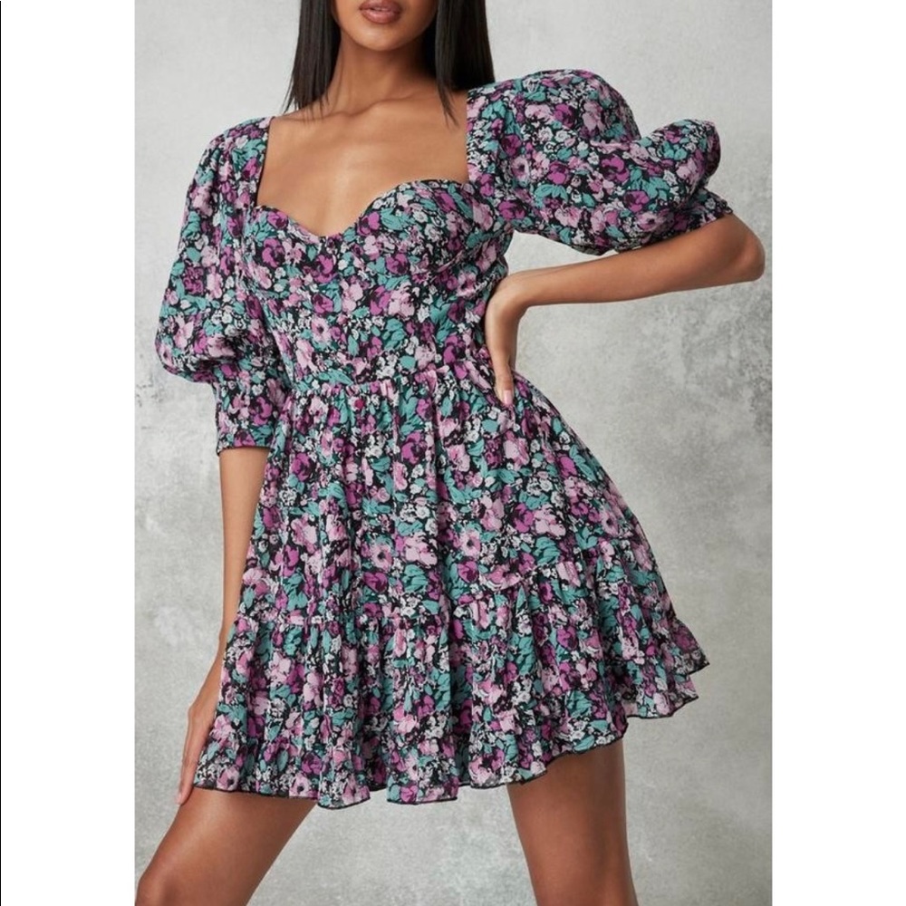 Missguided purple floral print puff sleeve milkmaid dress